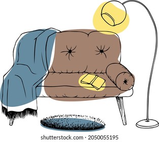 Vector illustration, home cozy interior. Lamp, sofa, open book and plaid.