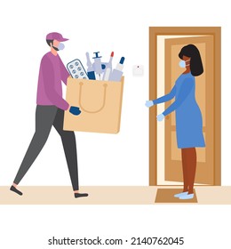 Vector illustration Home delivery service of drugs, prescription medicines. People wearing face mask. Covid-19. Delivering package with pills, medicals Online pharmacy Drugstore Courier Customer