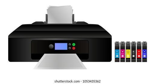 Vector illustration of home digital inkjet printer with cmyk and other inks for a larger gamut