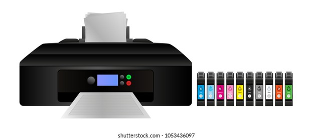Vector illustration of home digital inkjet printer with cmyk and other inks for a larger gamut