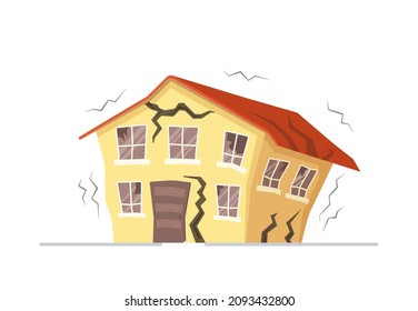 Vector Illustration Of Home Earthquakes. Yellow Earthquake Sprayed House Isolated On White Background.