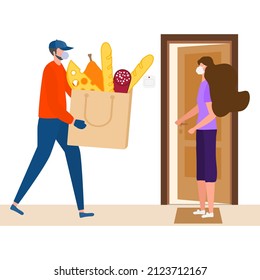 Ilustración vectorial Servicio de entrega de comida Home Express. Gente con máscara facial. Coronavirus covid-19. El usuario y el cliente mantienen la distancia segura cuando transfieren el pedido. Pedido en línea