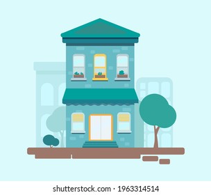 Ilustración vectorial de la fachada del hogar con puertas y ventanas. Vista exterior de la casa con techo. Moderno. Apartamento en una casa.