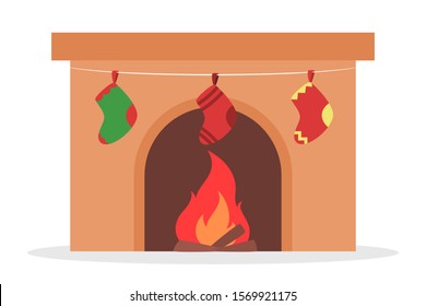 Vector illustration of home fireplace with festive traditional decoration. Christmas classic house decor with sock and red bow.