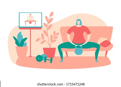 Ilustración vectorial Aptitud para el hogar. Mujer haciendo un campanario de sumo con campanilla. Trabajando con video de fitness en línea. Ejercicio en casa. Estilo de vida activo durante el período de aislamiento y cuarentena.