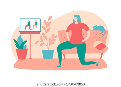 Vector illustration Home fitness. Young woman doing lunge exercise at her home. Online workout for women. Active lifestyle during self-isolation and quarantine period.