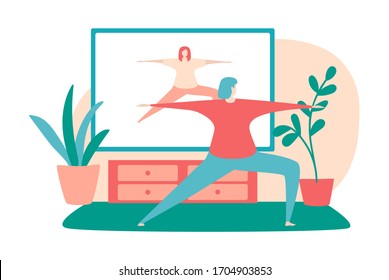 Vector illustration Home fitness. Young woman practising yoga at her home. Online workout for women. Active lifestyle during self-isolation and quarantine period.