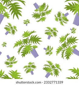 Vector illustration of home flowers, palm tree in a pot, floral seamless pattern, picture with shadows. Creative bright background with plants, large leaves. Template for wallpapers, covers, notebooks