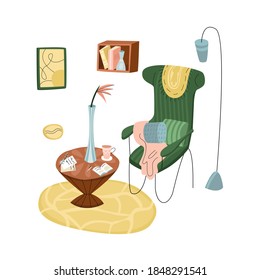 Vector illustration with home furniture. An armchair, coffee table, shelf for books, floor lamp, paintings, etc. are depicted. Concept of interior design, comfort, home, recreation.