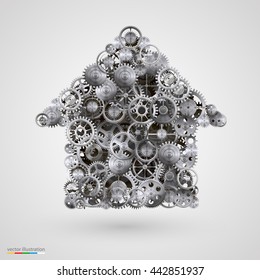Vector illustration of home icon. Mechanical house with a group of gears and cogs coming together. Industrial concept for web