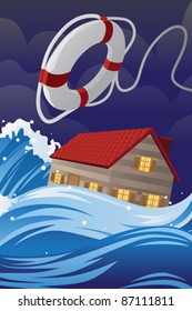 A Vector Illustration Of Home Insurance Concept, A Flooded House Being Saved By A Lifesaver