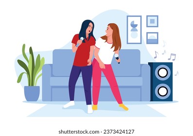 Vector illustration of home karaoke. Cartoon scene with girls holding a microphone and singing karaoke in the living room, speakers with musical notes, a vase on a white background. Home party.