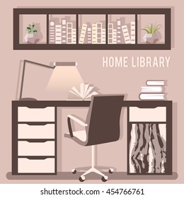 Vector illustration of home library with table, chair, lamp and book in flat style