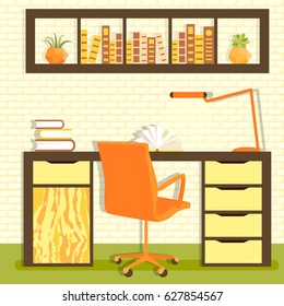 Vector illustration of home library with table, chair, lamp and book in flat style
