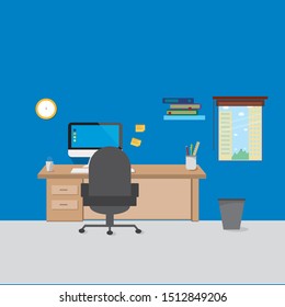 Vector illustration of home office. Blue wall with computer chair desk clock books notes pen garbage and a window with a view to the city and a mountain