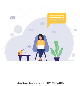 Vector illustration. Home office concept, woman working from home or student. Flat illustration.