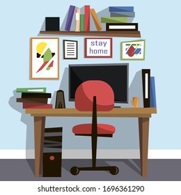 Vector illustration of a home office. A desktop with a computer, a chair and paintings on the wall.