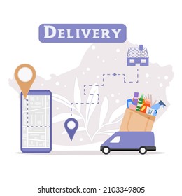 Vector illustration Home and office Express delivery service Online household supplies store. Car delivering package with household cleaning items, products Tracking on cell phone Covid-19 Quarantine