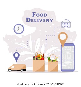 Vector illustration Home and office Express Food delivery service Car delivering package with food Online Order Tracking on cell phone Covid-19 Quarantine Route