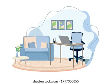 Vector illustration of home office interior with office chair, table, laptop, soft chair, paintings and carpet.