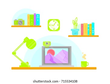 Vector illustration home office interior design in flat style isolated on white background