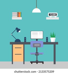 Vector illustration of home office workplace, flat cartoon apartment space interior with computer on desk for freelance work stock illustration