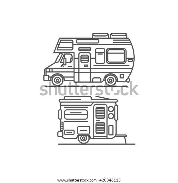 Vector illustration of home on wheels, a journey,\
a long journey, family vacation, vacation by car, trailer, van,\
wheel, transportation, vehicle, illustration on white background,\
line, sketch