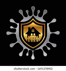 A vector illustration of Home is one of Family shield protection from the spread of germs  in gold and silver color option 