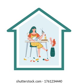 Vector illustration of a home origami lesson. A woman learns to make origami from colored paper. Hobbies in quarantine.