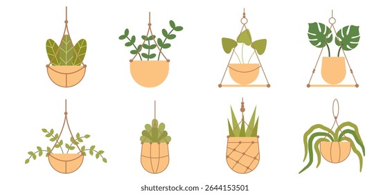 Vector illustration of a home plant in a hanging pot, perfect for interior decoration themes, featuring minimalist style and indoor greenery concept.	