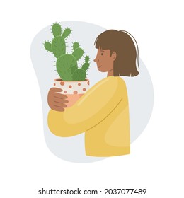 Vector illustration with home plant in pot in girl hands. Decorative plants in the interior of the house. Flat style.