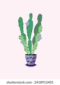  Vector illustration of a home plant in a pot with an ornament. Cartoon hand drawn style. Isolated elements.