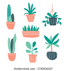 Vector illustration with home plants collection set. Cute doodle plants growing in pots. Green home gardening concept for decor, design, poster, blog. Plants are friends. Cacti and succulents doodle