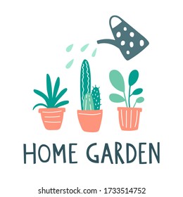 Ilustración vectorial con plantas domésticas creciendo en macetas con letras de texto "Hogar jardín". Concepto de jardinería en casa. Plantas con lata de agua y agua. Aislado sobre fondo blanco para diseño y afiche