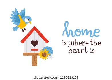 Vector illustration of home print with cute doodle bird and birdhouse 