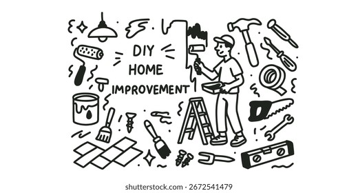 Ilustración vectorial de la renovación del hogar hágalo usted mismo, reparación y herramientas, trabajo de construcción de la casa, pintura y acabado, reparación del hogar de bricolaje