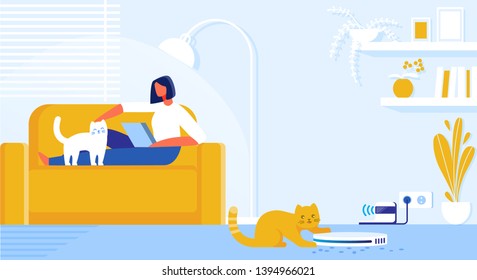 Vector Illustration Home Robot Cleaner Cartoon. Interior Living Room in Apartment where Cats Live. Girl Lying on Couch with Laptop. Robot Vacuums Trash and Wool From Pets on Floor Flat.