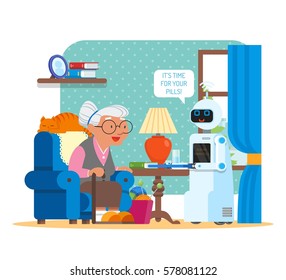 Vector illustration of home robot giving pills to grandmother. Robot assistant concept. Its time for your pills speech bubble. Cartoon characters and living room interior in flat style design.