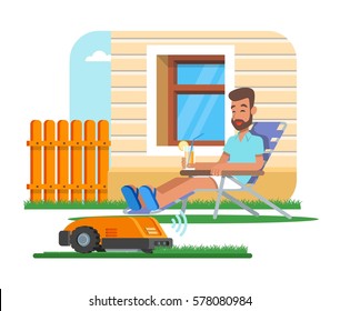 Vector illustration of home robot trimming lawn and man sitting in armchair near house with glass of lemonade, having rest. Cartoon characters in flat design.