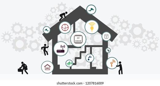 vector illustration of home with security items and stealing thieves and burglary visuals