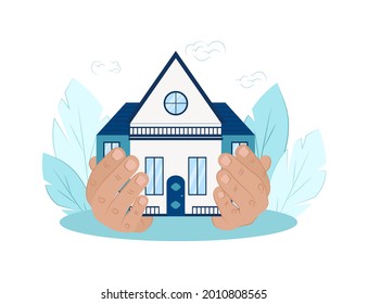 vector illustration of home security, real estate. Insurance policy services concept. Drawn house in hands flat style 
