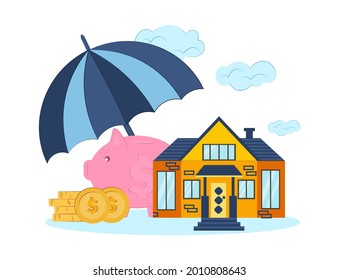 vector illustration of home security, real estate, investment and money. Insurance policy services concept. Drawn house with a piggy bank and money under an umbrella flat style 