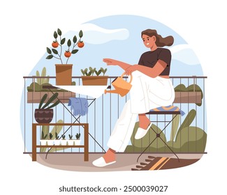 Vector illustration of home seeding. Woman seed and watering plants and flower on balcony. Female with water can and pot. Gardener growing sprouts. Houseplant indoor hobby. Urban crop cultivating.