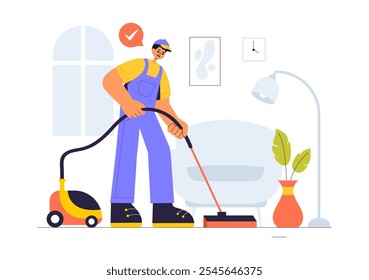 Vector Illustration of a Home Service Team featuring Cleaners, Renovation Workers, and Repairmen Building and Maintaining a House in a Flat Background
