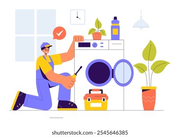 Vector Illustration of a Home Service Team featuring Cleaners, Renovation Workers, and Repairmen Building and Maintaining a House in a Flat Background