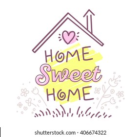 Vector illustration of home sweet home typography lettering with roof and flowers of pink and yellow colors on white background. Line art design to make a poster, greeting card, postcard, label, print