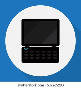 Vector Illustration Of Home Symbol On Laptop Flat Icon. Premium Quality Isolated Notebook Element In Trendy Flat Style.