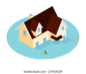 A Vector Illustration Of A Home That Has Been Flooded. Isometric Home Flood Icon Illustration. Natural Flood Disaster Icon.