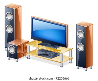 Vector illustration of home theater system with TV and speakers on white background