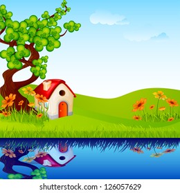 vector illustration of home under tree in nature landscape